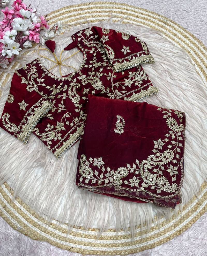 Maroon Color sequence And embroidery work Satin Saree