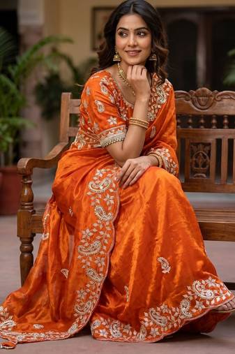 Orange sequin And embroidery work Satin Saree