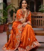Orange Color sequence And embroidery work Satin Saree
