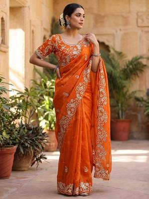 Orange Color sequence And embroidery work Satin Saree 2