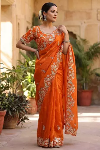 Orange Color sequence And embroidery work Satin Saree
