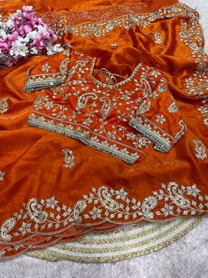 Orange Color sequence And embroidery work Satin Saree 3