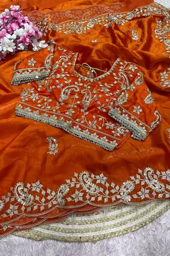 Orange Color sequence And embroidery work Satin Saree