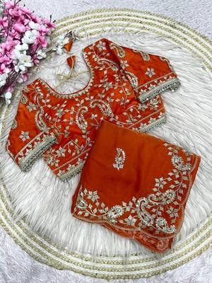 Orange Color sequence And embroidery work Satin Saree 4