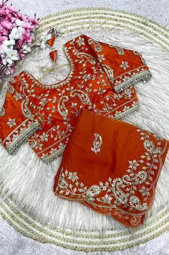Orange Color sequence And embroidery work Satin Saree