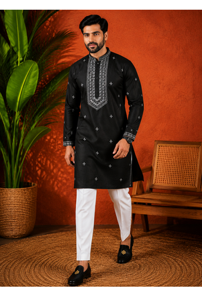 BLACK EMBROIDERY WITH SEQUENCE WORK DESIGN ON SILKY SILK FABRIC MENS KURTA PAJAMA SET 1