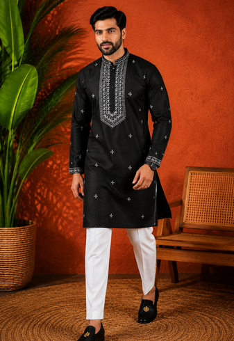 BLACK EMBROIDERY WITH SEQUENCE WORK DESIGN ON SILKY SILK FABRIC MENS KURTA PAJAMA SET