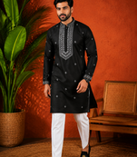 BLACK EMBROIDERY WITH SEQUENCE WORK DESIGN ON SILKY SILK FABRIC MENS KURTA PAJAMA SET
