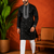 BLACK EMBROIDERY WITH SEQUENCE WORK DESIGN ON SILKY SILK FABRIC MENS KURTA PAJAMA SET