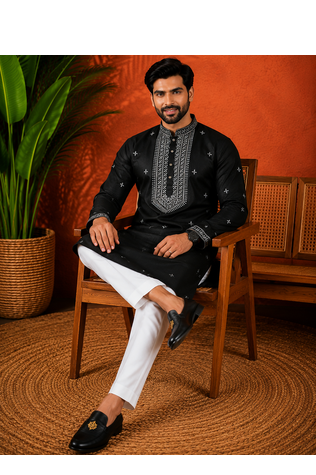 BLACK EMBROIDERY WITH SEQUENCE WORK DESIGN ON SILKY SILK FABRIC MENS KURTA PAJAMA SET 2