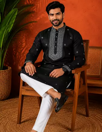 BLACK EMBROIDERY WITH SEQUENCE WORK DESIGN ON SILKY SILK FABRIC MENS KURTA PAJAMA SET