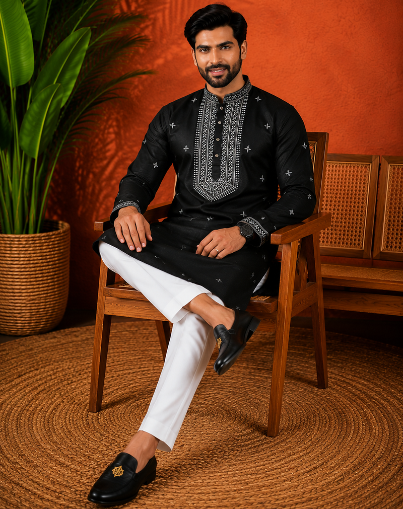 BLACK EMBROIDERY WITH SEQUENCE WORK DESIGN ON SILKY SILK FABRIC MENS KURTA PAJAMA SET