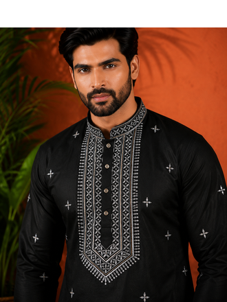 BLACK EMBROIDERY WITH SEQUENCE WORK DESIGN ON SILKY SILK FABRIC MENS KURTA PAJAMA SET 3