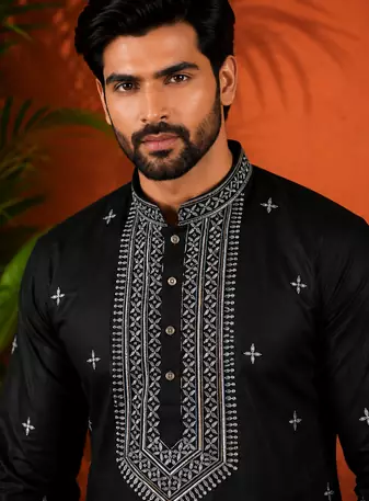 BLACK EMBROIDERY WITH SEQUENCE WORK DESIGN ON SILKY SILK FABRIC MENS KURTA PAJAMA SET