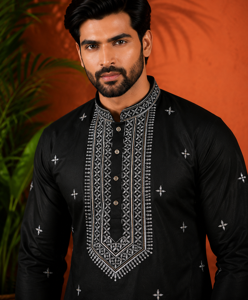 BLACK EMBROIDERY WITH SEQUENCE WORK DESIGN ON SILKY SILK FABRIC MENS KURTA PAJAMA SET