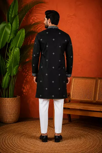 BLACK EMBROIDERY WITH SEQUENCE WORK DESIGN ON SILKY SILK FABRIC MENS KURTA PAJAMA SET