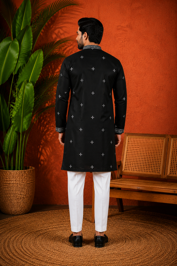 BLACK EMBROIDERY WITH SEQUENCE WORK DESIGN ON SILKY SILK FABRIC MENS KURTA PAJAMA SET