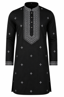 BLACK EMBROIDERY WITH SEQUENCE WORK DESIGN ON SILKY SILK FABRIC MENS KURTA PAJAMA SET 5