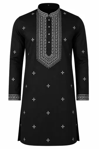 BLACK EMBROIDERY WITH SEQUENCE WORK DESIGN ON SILKY SILK FABRIC MENS KURTA PAJAMA SET