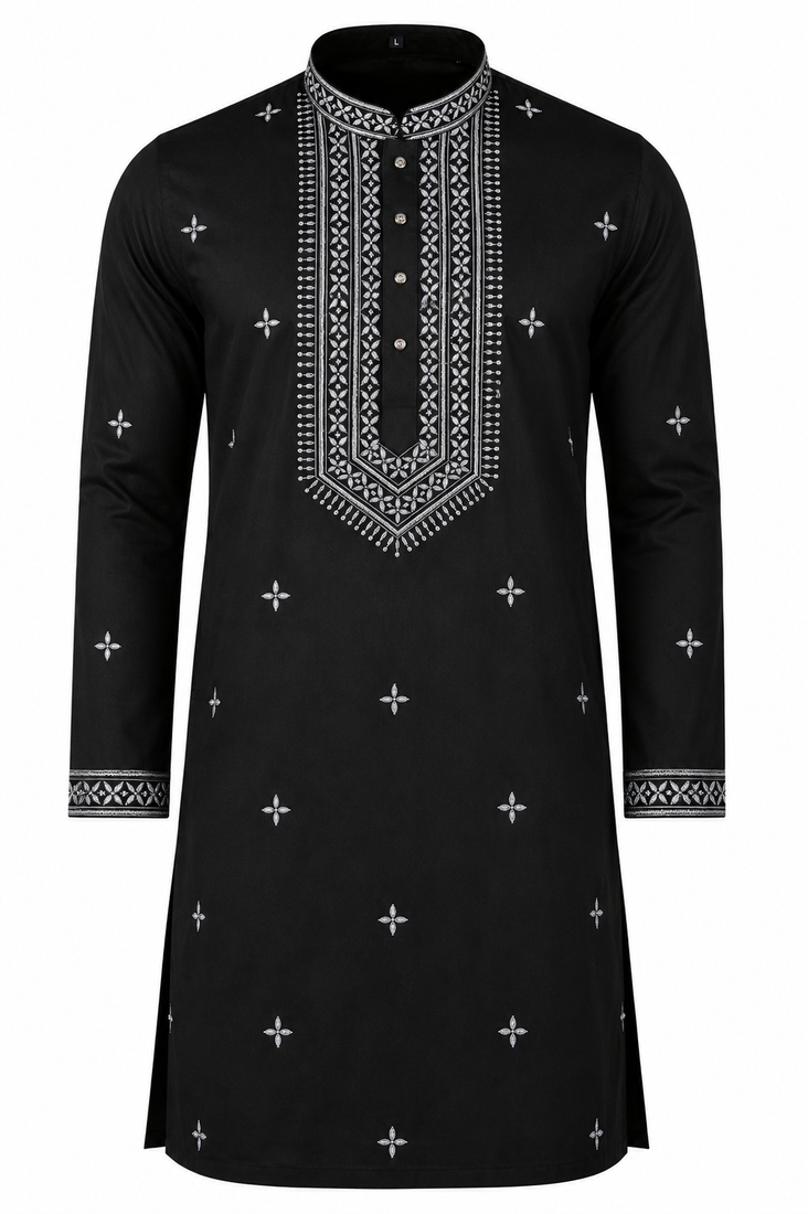 BLACK EMBROIDERY WITH SEQUENCE WORK DESIGN ON SILKY SILK FABRIC MENS KURTA PAJAMA SET