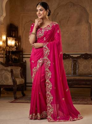 PinkColor sequence And embroidery work Satin Saree 1