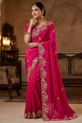 PinkColor sequence And embroidery work Satin Saree