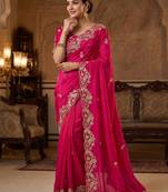 PinkColor sequence And embroidery work Satin Saree
