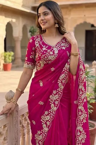 PinkColor sequence And embroidery work Satin Saree