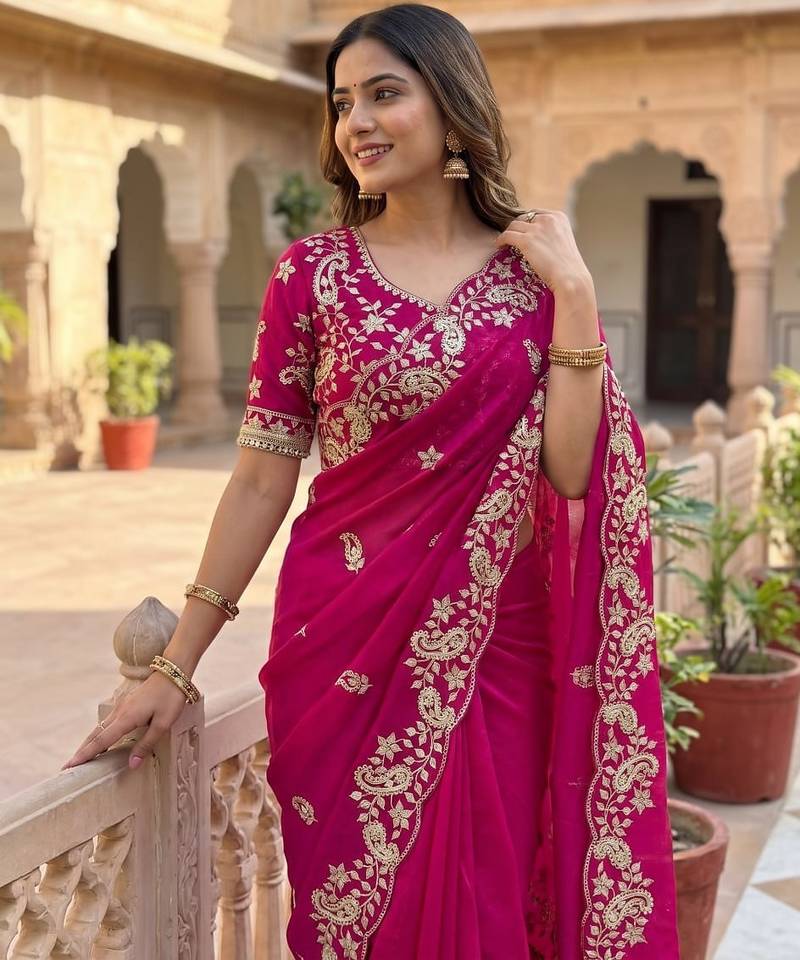 PinkColor sequence And embroidery work Satin Saree