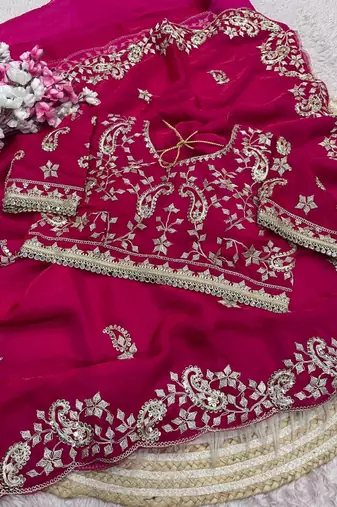 PinkColor sequence And embroidery work Satin Saree