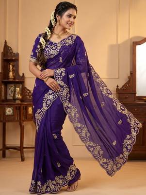 purple Color sequence And embroidery work Satin Saree 1