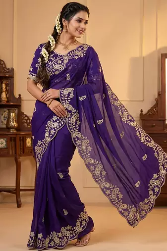 purple Color sequence And embroidery work Satin Saree