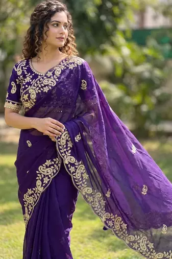purple Color sequence And embroidery work Satin Saree