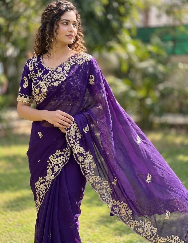 purple Color sequence And embroidery work Satin Saree