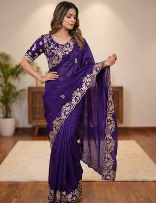 purple Color sequence And embroidery work Satin Saree 3