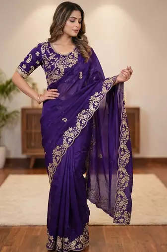 purple Color sequence And embroidery work Satin Saree