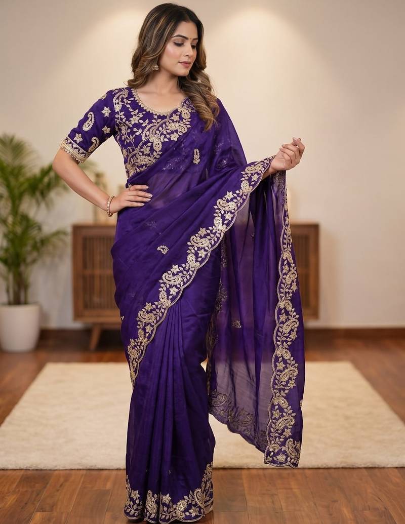 purple Color sequence And embroidery work Satin Saree