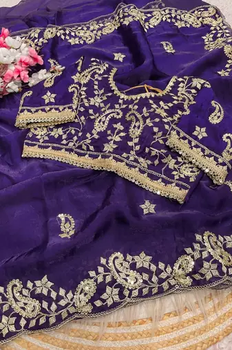 purple Color sequence And embroidery work Satin Saree