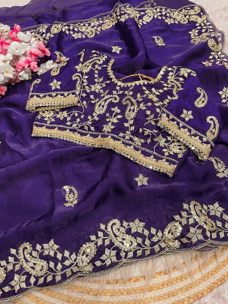 purple Color sequence And embroidery work Satin Saree