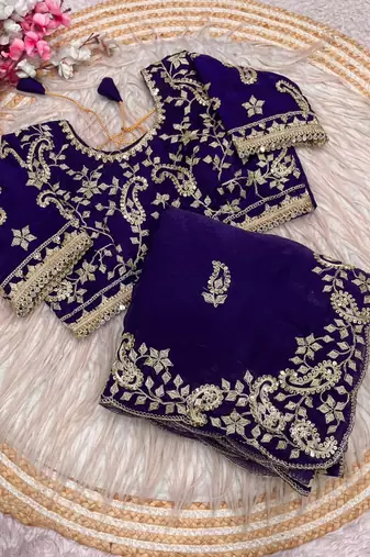 purple Color sequence And embroidery work Satin Saree