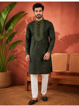 BOTTAL GREEN EMBROIDERY WITH SEQUENCE WORK DESIGN ON SILKY SILK FABRIC MENS KURTA PAJAMA SET 1