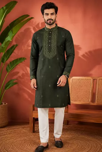 BOTTAL GREEN EMBROIDERY WITH SEQUENCE WORK DESIGN ON SILKY SILK FABRIC MENS KURTA PAJAMA SET