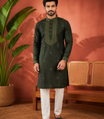 BOTTAL GREEN EMBROIDERY WITH SEQUENCE WORK DESIGN ON SILKY SILK FABRIC MENS KURTA PAJAMA SET
