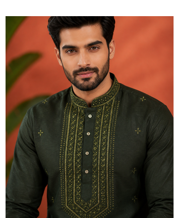 BOTTAL GREEN EMBROIDERY WITH SEQUENCE WORK DESIGN ON SILKY SILK FABRIC MENS KURTA PAJAMA SET 2