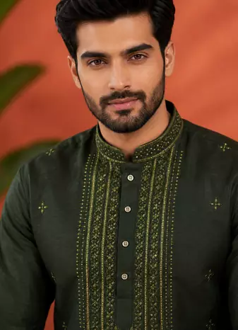 BOTTAL GREEN EMBROIDERY WITH SEQUENCE WORK DESIGN ON SILKY SILK FABRIC MENS KURTA PAJAMA SET