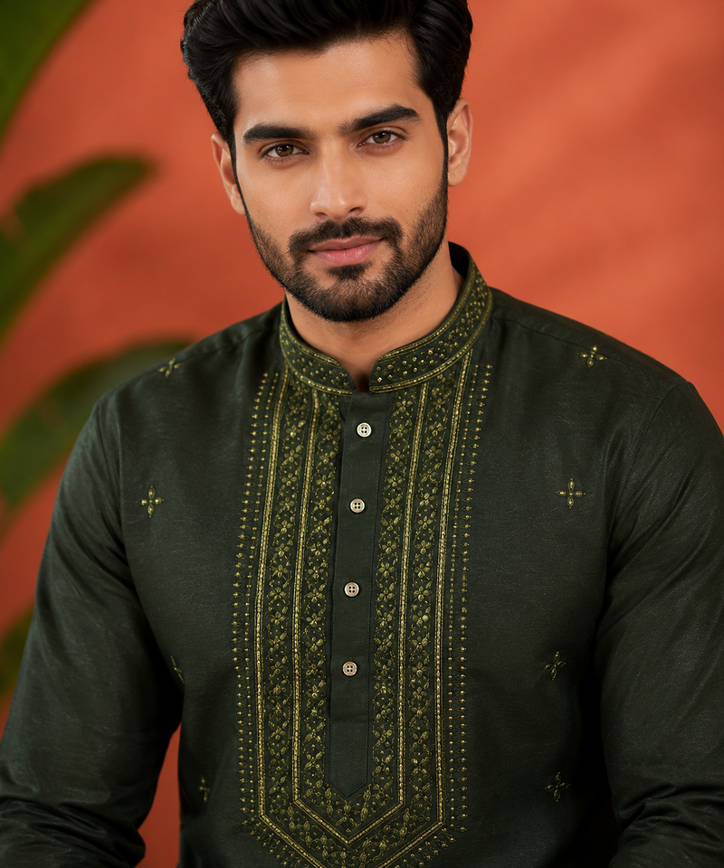 BOTTAL GREEN EMBROIDERY WITH SEQUENCE WORK DESIGN ON SILKY SILK FABRIC MENS KURTA PAJAMA SET