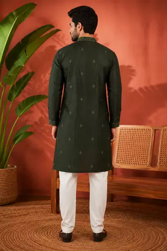 BOTTAL GREEN EMBROIDERY WITH SEQUENCE WORK DESIGN ON SILKY SILK FABRIC MENS KURTA PAJAMA SET
