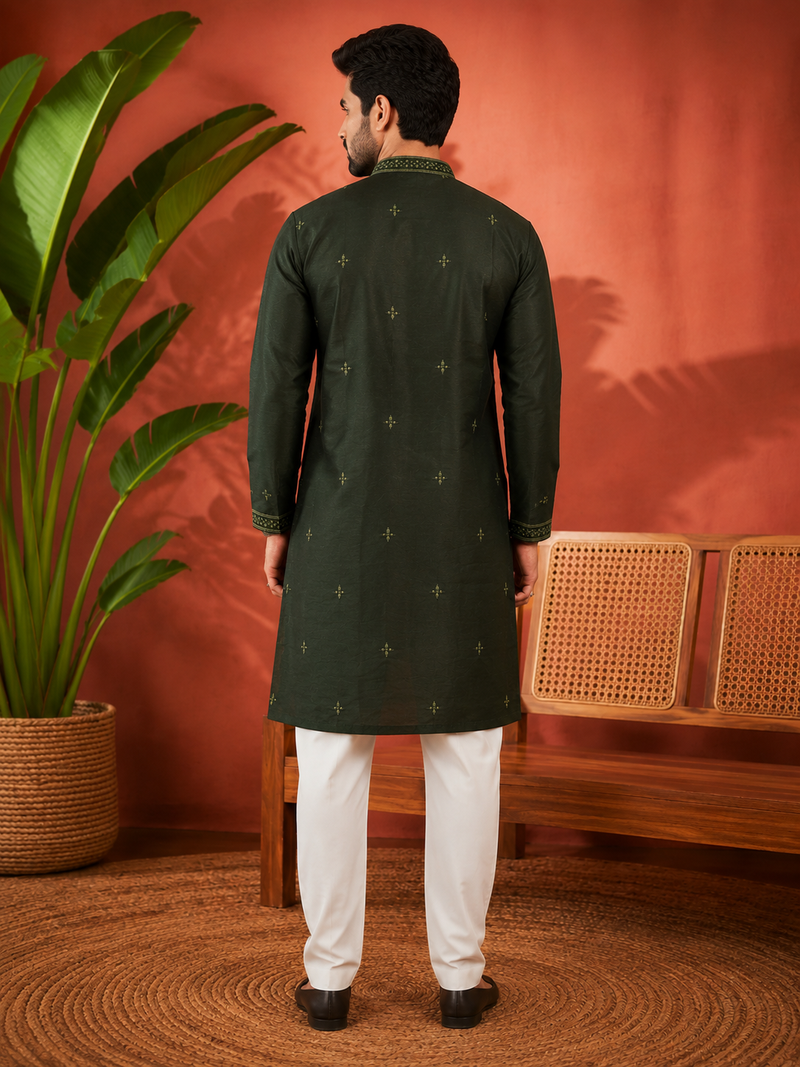 BOTTAL GREEN EMBROIDERY WITH SEQUENCE WORK DESIGN ON SILKY SILK FABRIC MENS KURTA PAJAMA SET