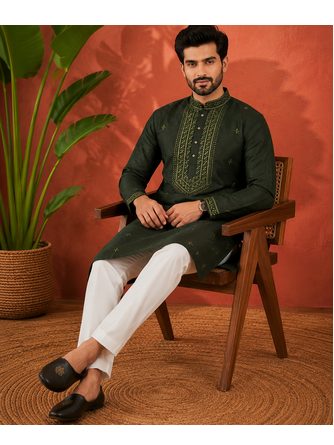 BOTTAL GREEN EMBROIDERY WITH SEQUENCE WORK DESIGN ON SILKY SILK FABRIC MENS KURTA PAJAMA SET 4