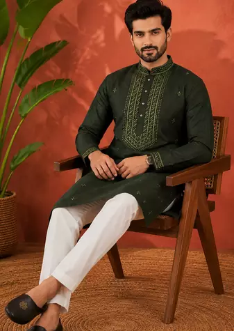 BOTTAL GREEN EMBROIDERY WITH SEQUENCE WORK DESIGN ON SILKY SILK FABRIC MENS KURTA PAJAMA SET